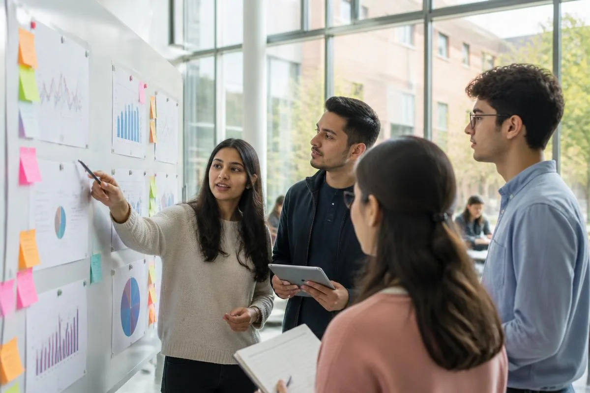 Postgraduate marketing students discussing a campaign strategy board with analytics charts